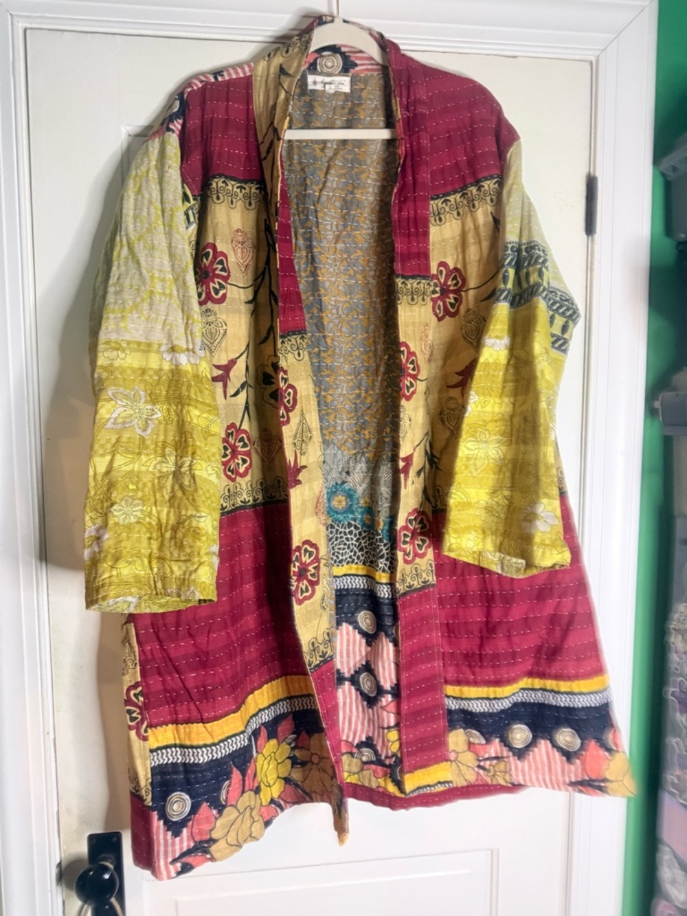 Kantha Bae Bohemian Patchwork Duster Jacket in Mustard, Magenta & Lime